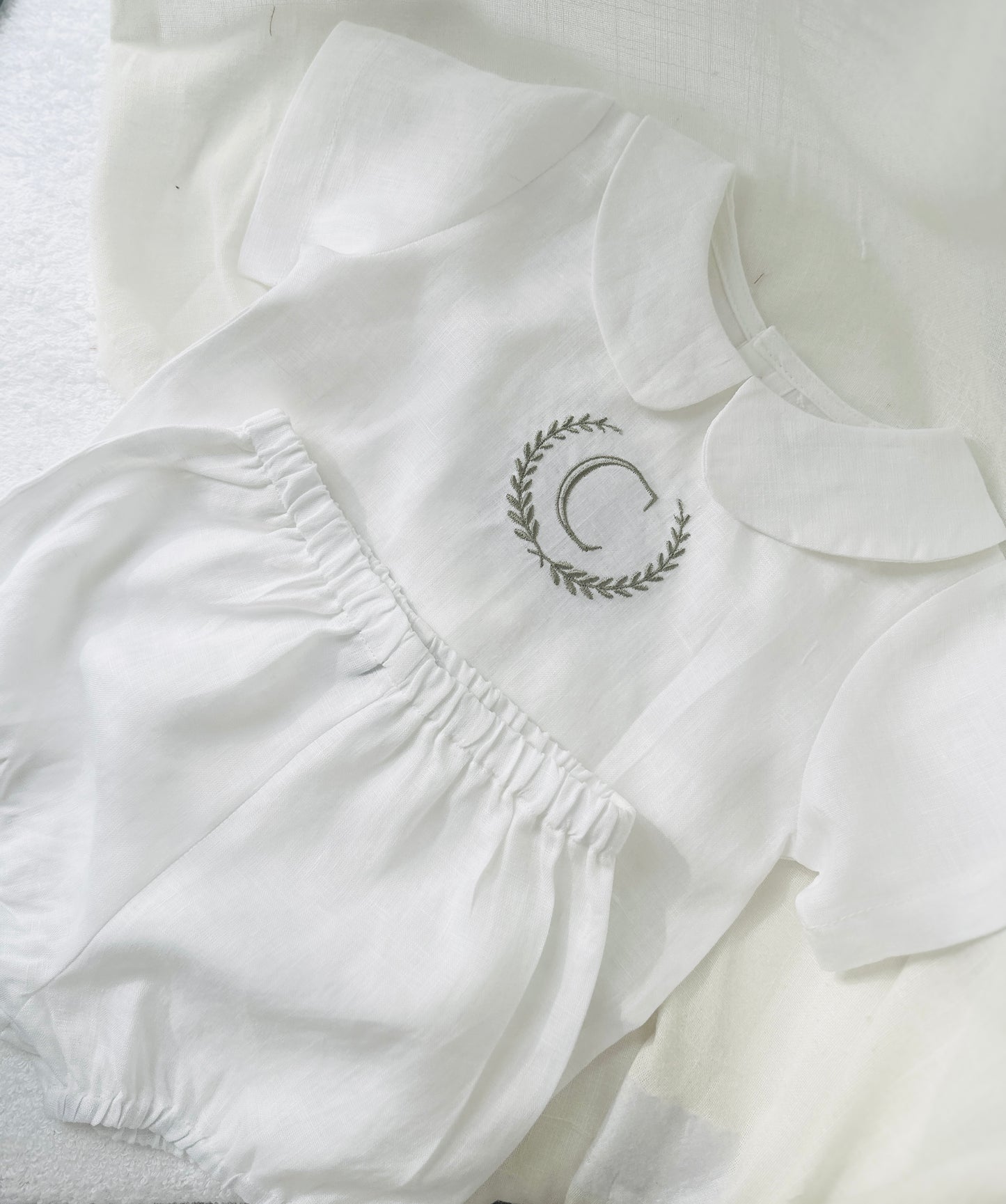 Baby and Toddler Boys white linen baptism outfit with bloomers and blouse shirt
