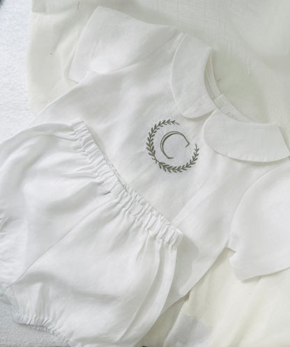 Baby and Toddler Boys white linen baptism outfit with bloomers and blouse shirt