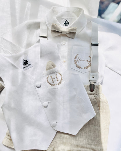 Boys white and beige linen Baptism and Wedding Outfit with vest, shirt, shorts, suspenders and bow tie