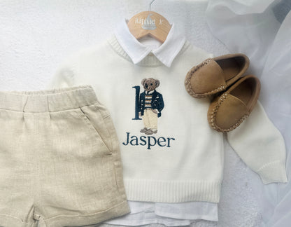 Polo Bear first birthday set with linen shirt, shorts and bear jumper