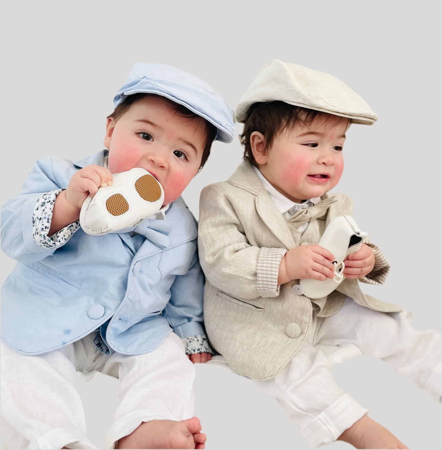 Boys White and Beige linen set with vest, shirt, pants, suspenders and bowtie plus optional jacket, cap and shoes