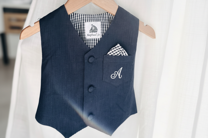 Beige linen suit with Navy blue vest