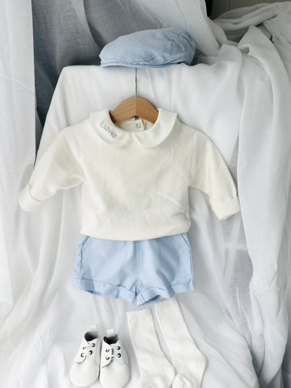 Baptism outfit with cotton onesie and jumper and pale blue shorts and long socks