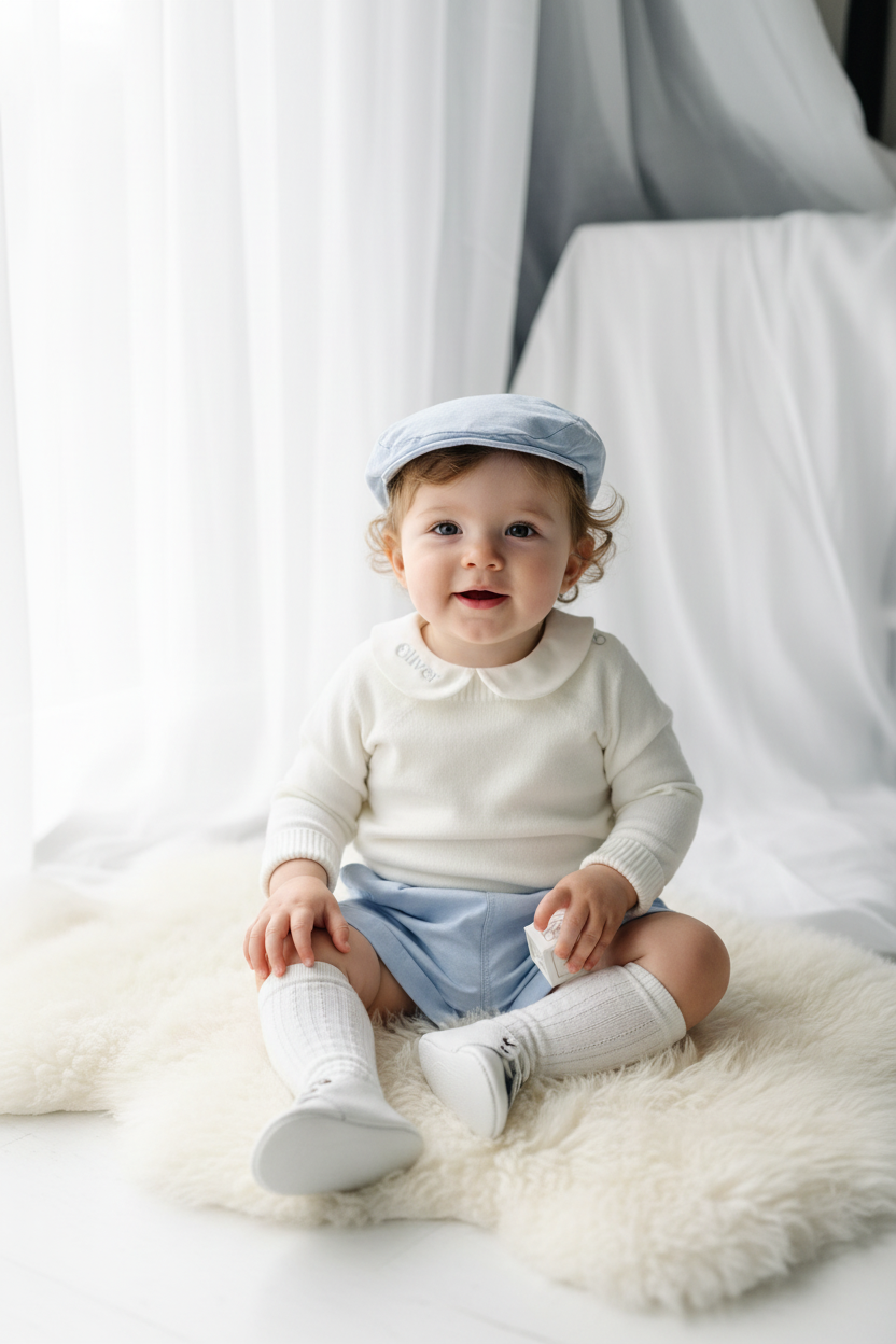Baptism outfit with cotton onesie and jumper and pale blue shorts and long socks