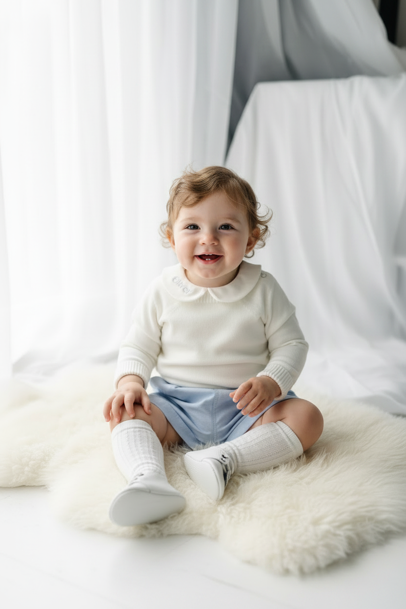 Baptism outfit with cotton onesie and jumper and pale blue shorts and long socks