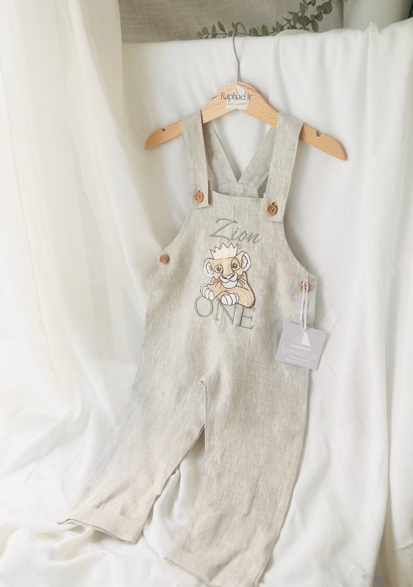 Boys Beige Linen Birthday overalls romper dungarees safari balloon fast car wild sea themes