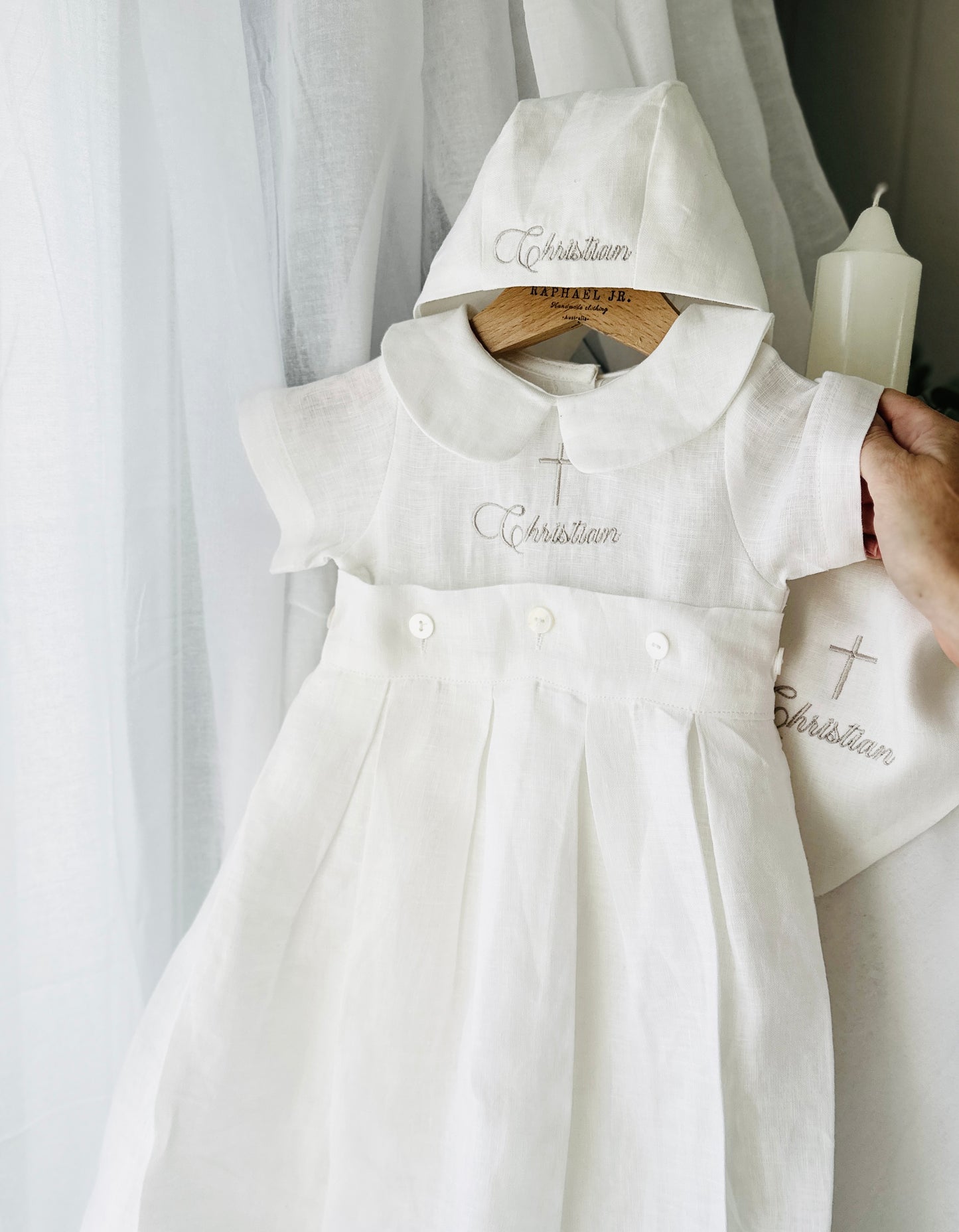 White Linen Unisex Baptism Gown 3/4 length romper with detachable skirt