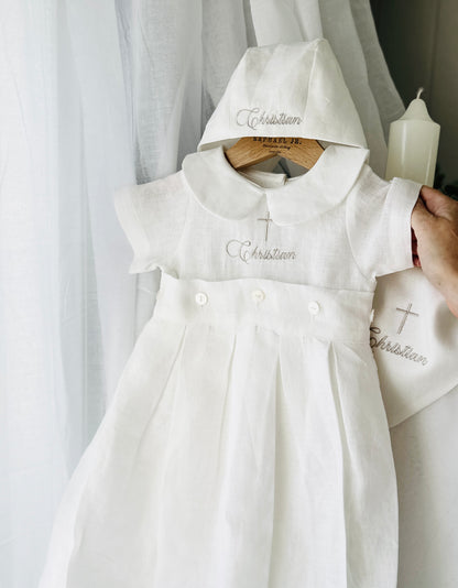 White Linen Unisex Baptism Gown 3/4 length romper with detachable skirt