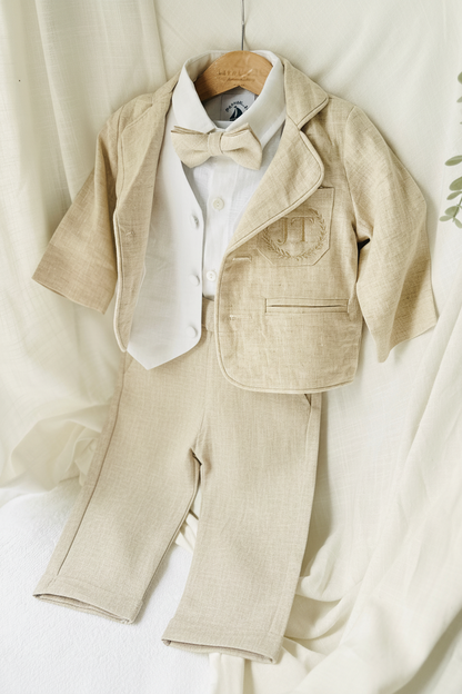 Boys white and beige linen set with vest, shirt, pants, suspenders and bowtie
