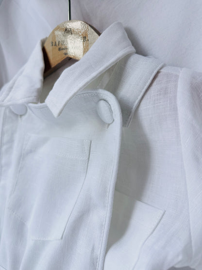 Boys white pure linen overalls suspender shorts with optional shirt and embroidery
