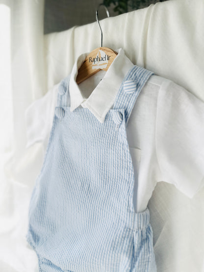 Baby and Toddler boys blue and white linen baptism and birthday romper and shirt set