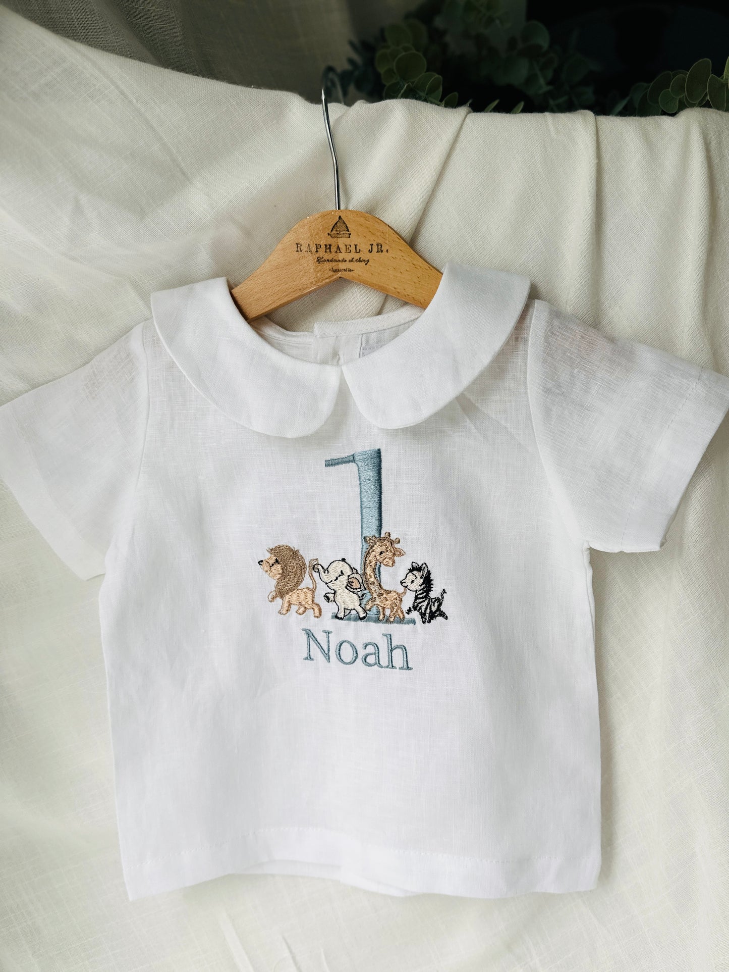 Blue and white linen first Birthday and Baptism blouse with suspender shorts set