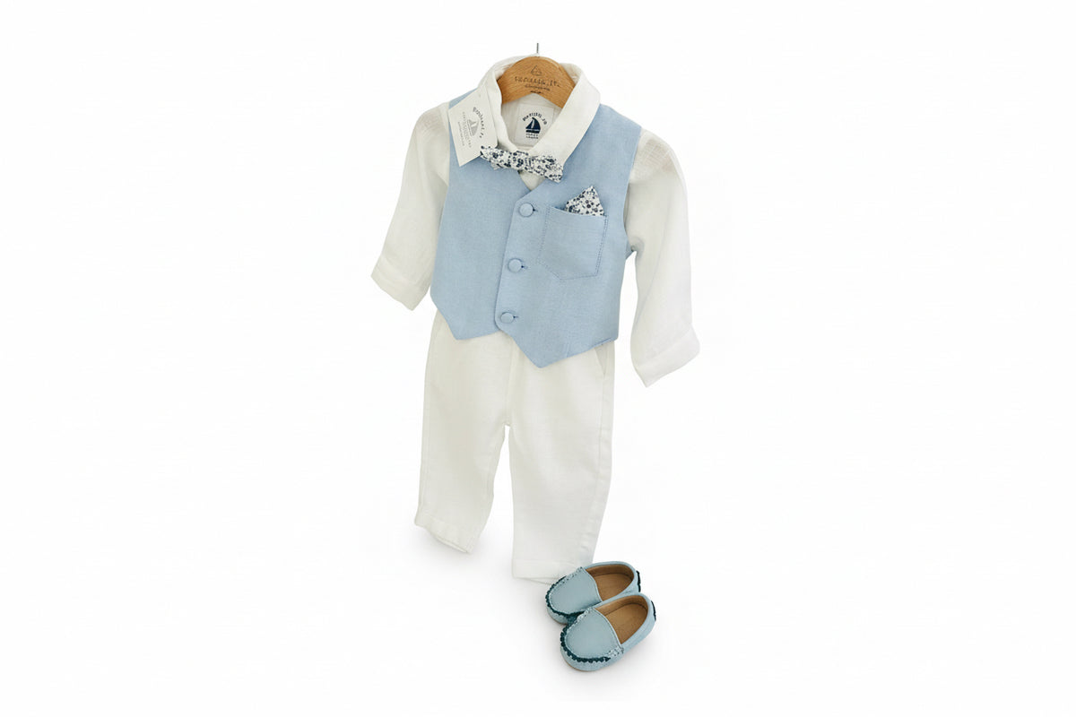 White linen suit with pale blue vest