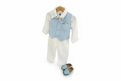White linen suit with pale blue vest
