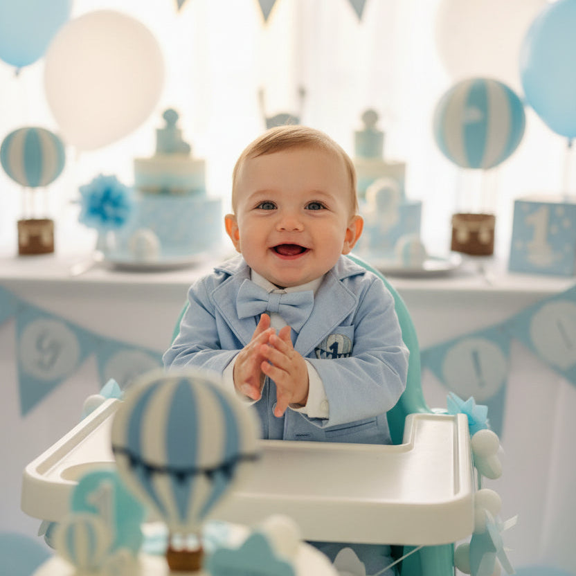 Boys Light blue suit with blue vest, bow tie optional jacket, plus white linen shirt and suspender pants