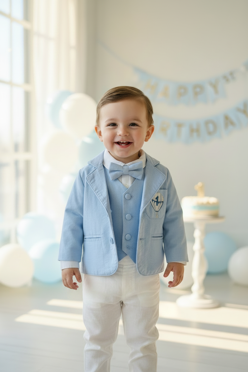 Boys Light blue suit with blue vest, bow tie optional jacket, plus white linen shirt and suspender pants