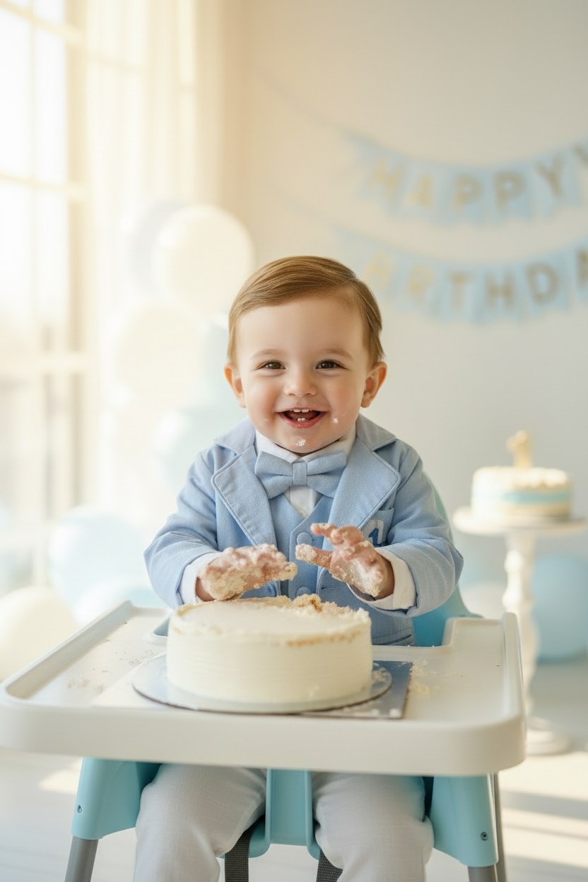 Boys Light blue suit with blue vest, bow tie optional jacket, plus white linen shirt and suspender pants