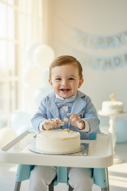 Boys Light blue suit with blue vest, bow tie optional jacket, plus white linen shirt and suspender pants