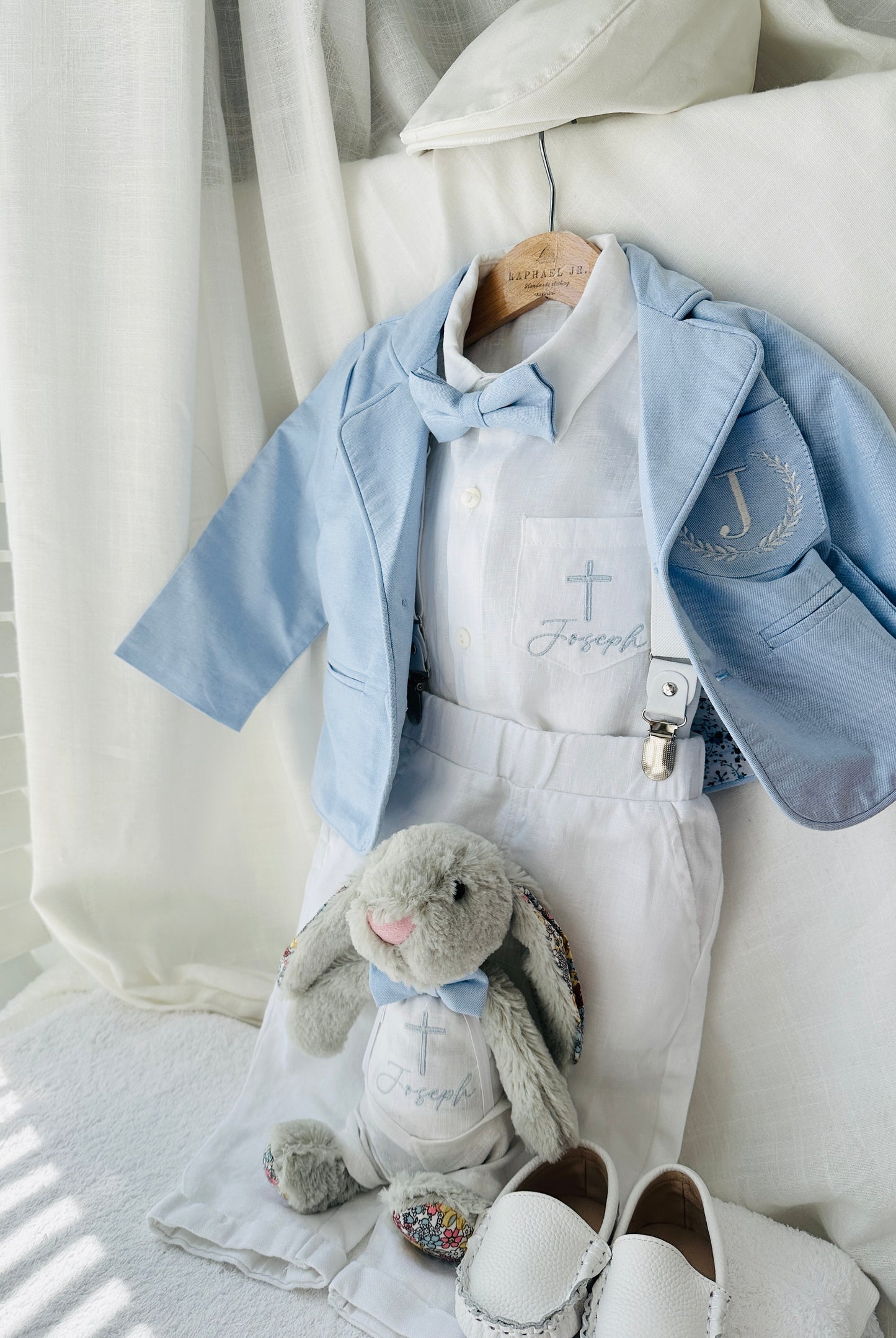 White linen Baptism Suit outfit with optional blue jacket and Accessories
