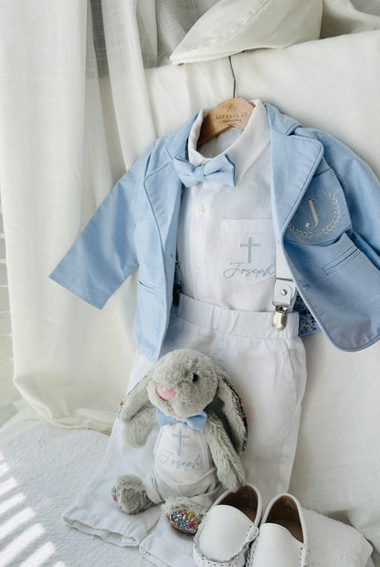 White linen Baptism Suit outfit with optional blue jacket and Accessories