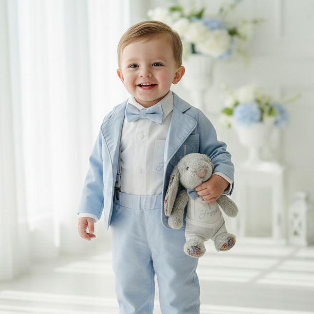Baby and toddler boys pale blue chambray and linen full suit