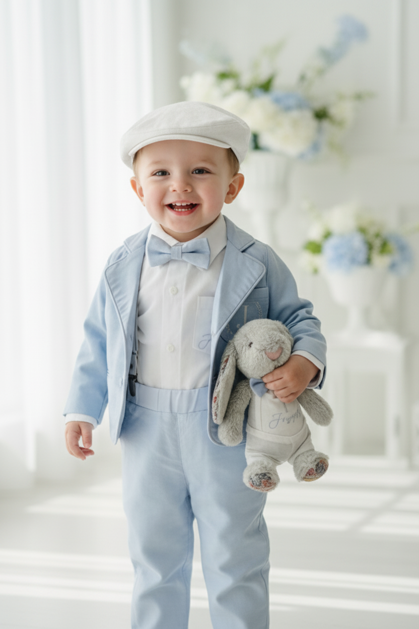 Baby and toddler boys pale blue chambray and linen full suit
