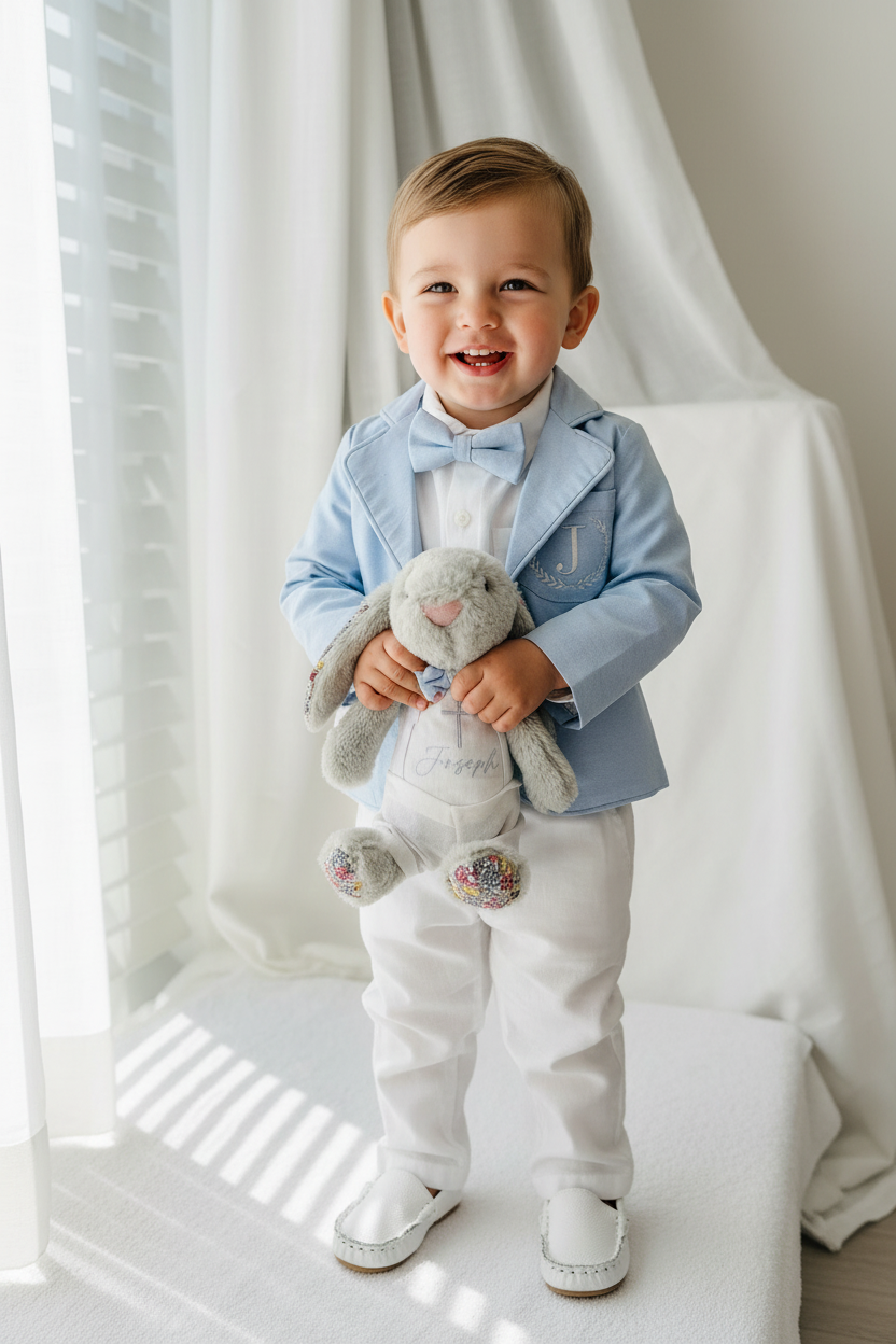 Boys pale blue and white set with vest, pants, linen shirt, bowtie and suspenders, plus optional jacket cap and shoes