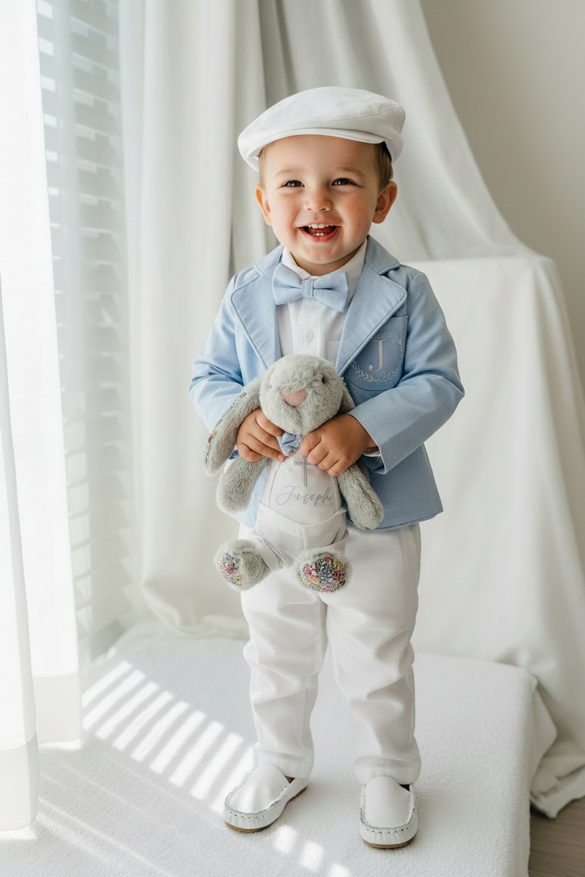 Boys pale blue and white set with vest, pants, linen shirt, bowtie and suspenders, plus optional jacket cap and shoes
