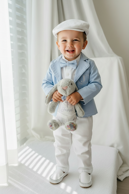 Boys pale blue and white set with vest, pants, linen shirt, bowtie and suspenders, plus optional jacket cap and shoes