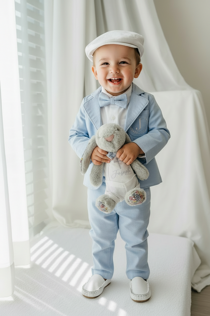 Pale Blue Suit with white linen vest and optional Jacket