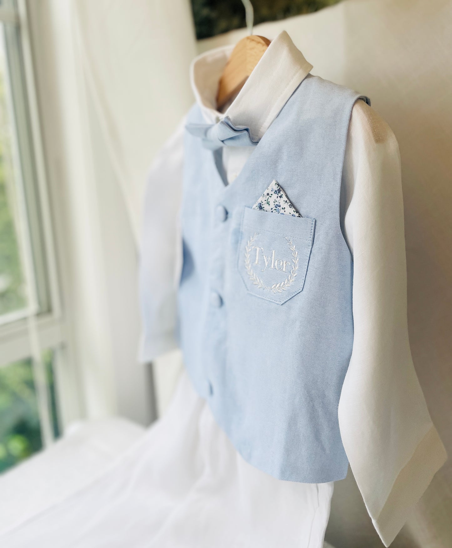 Boys pale blue and white Baptism outfit with blue vest, white linen suspender pants and shirt