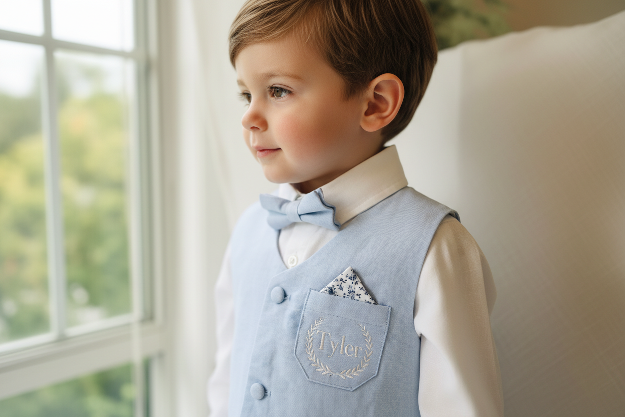 Boys pale blue and white Baptism outfit with blue vest, white linen suspender pants and shirt