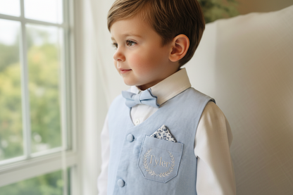 Baby and toddler boys pale blue chambray suit with blue vest, pants and jacket