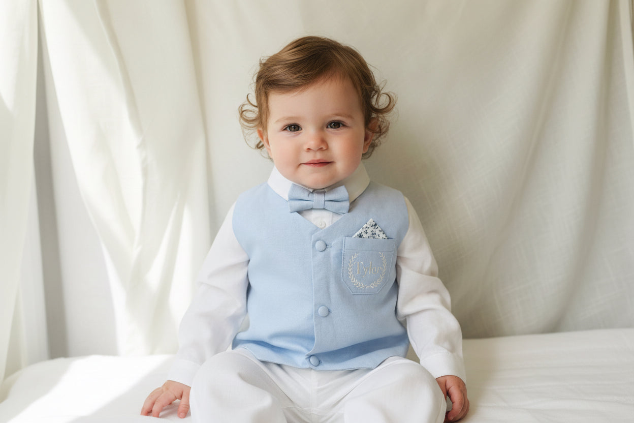 Boys pale blue and white Baptism outfit with blue vest, white linen suspender pants and shirt