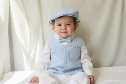 Boys Light blue suit with blue vest, bow tie optional jacket, plus white linen shirt and suspender pants