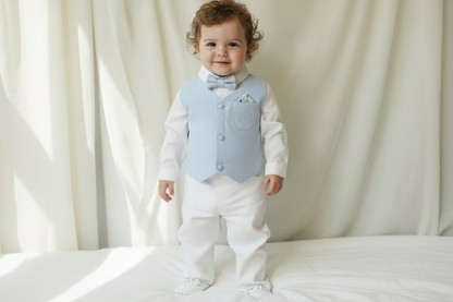 Pale blue vest suit with white pants and blue vest