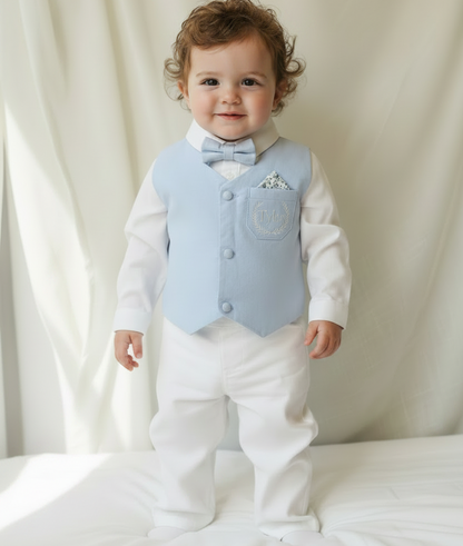 Pale blue vest suit with white pants and blue vest