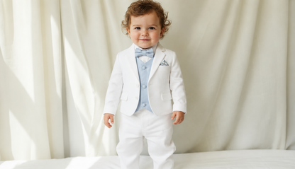 White linen suit with pale blue vest