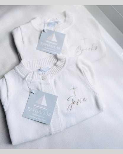 White cotton Baptism christening cardigan sweater with optional embroidery