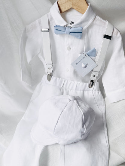 White linen Baptism Suit outfit with optional blue jacket and Accessories