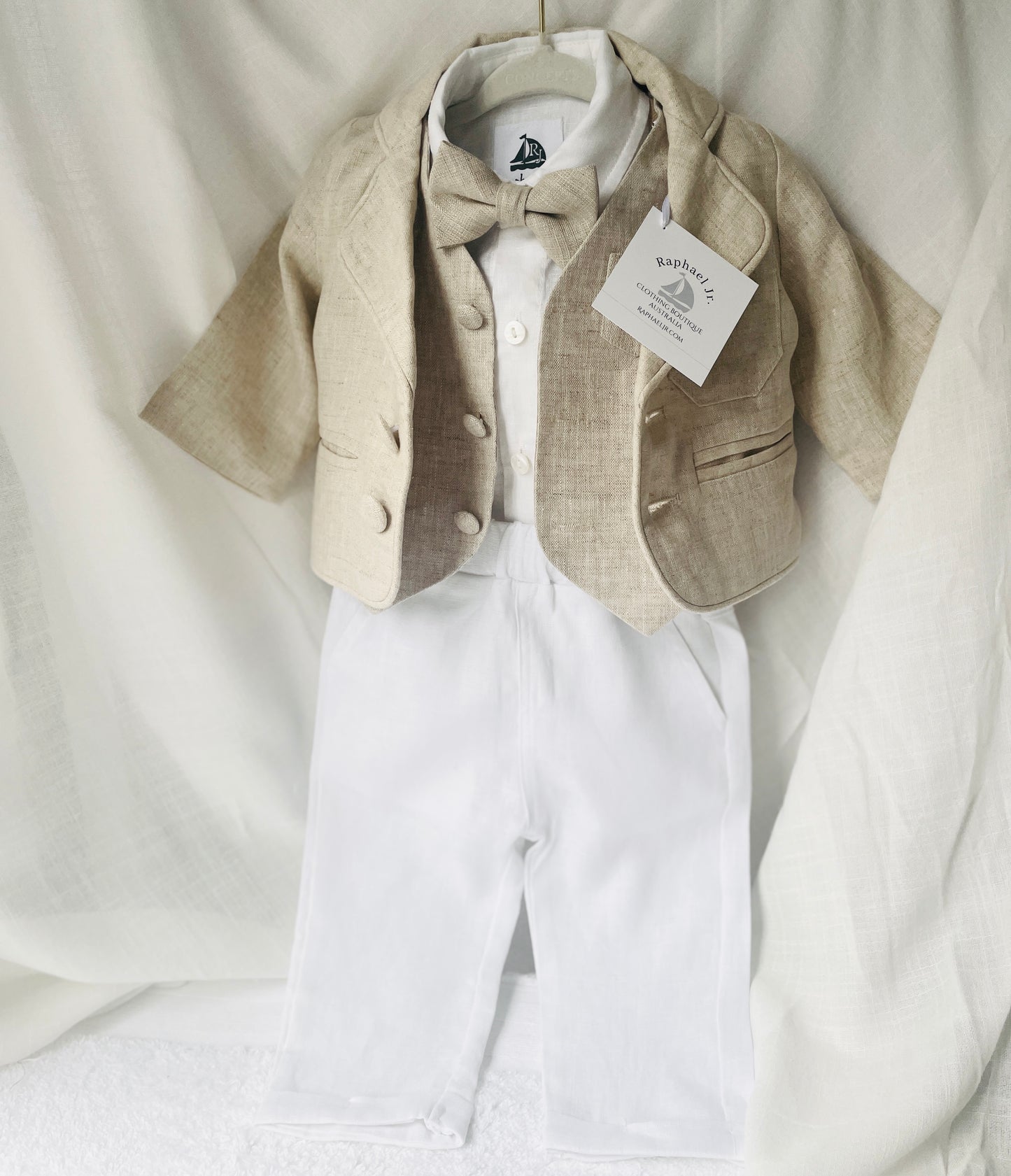 White and Beige Linen set with vest, shirt, pants, suspenders and bowtie plus optional jacket, cap and shoes