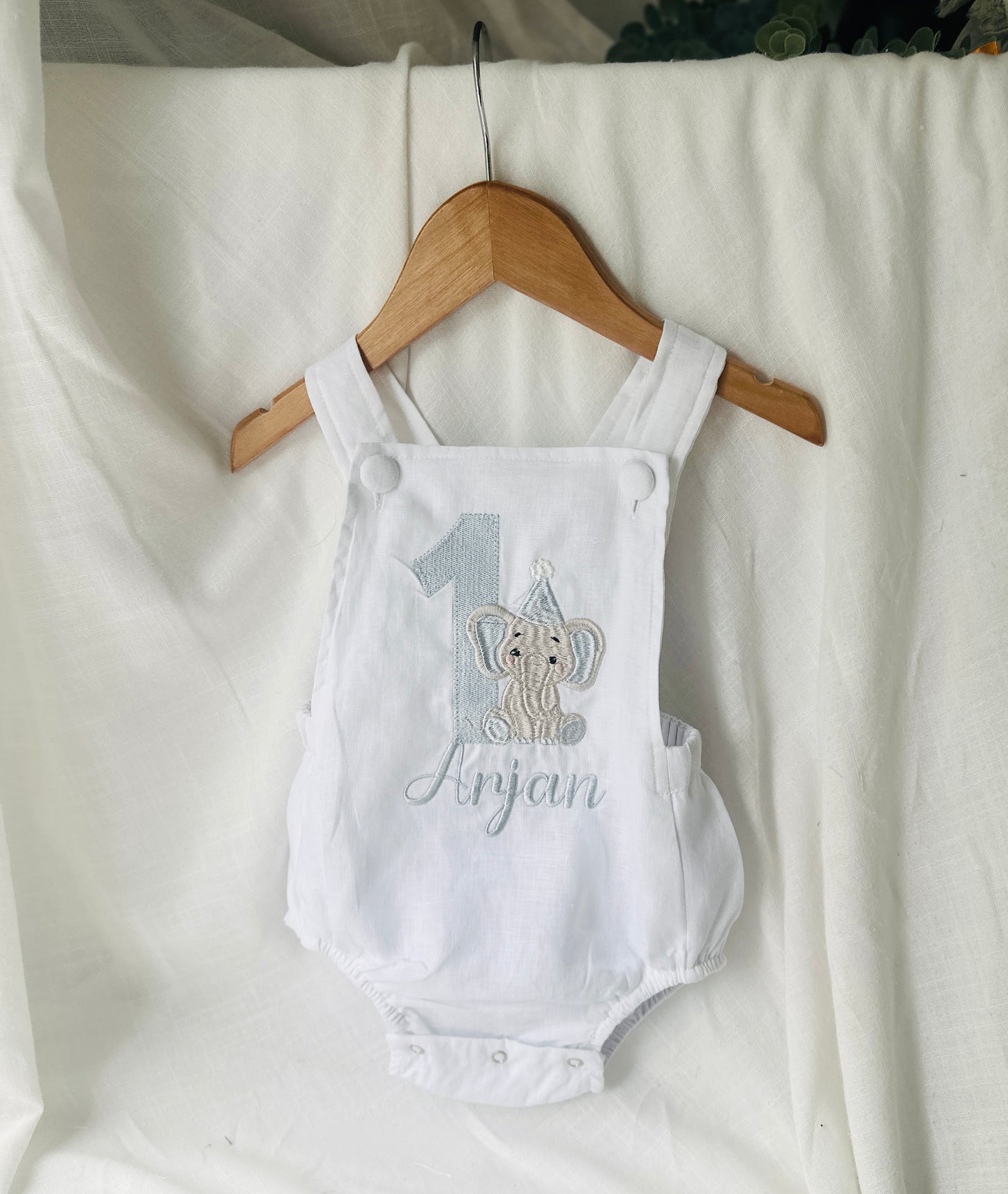 Boys White Linen First Birthday overalls romper one silly goose onederful world oneder the sea teddy car balloons and more