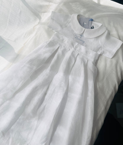 White Linen Unisex Baptism Gown romper with detachable skirt dress and optional embroidery