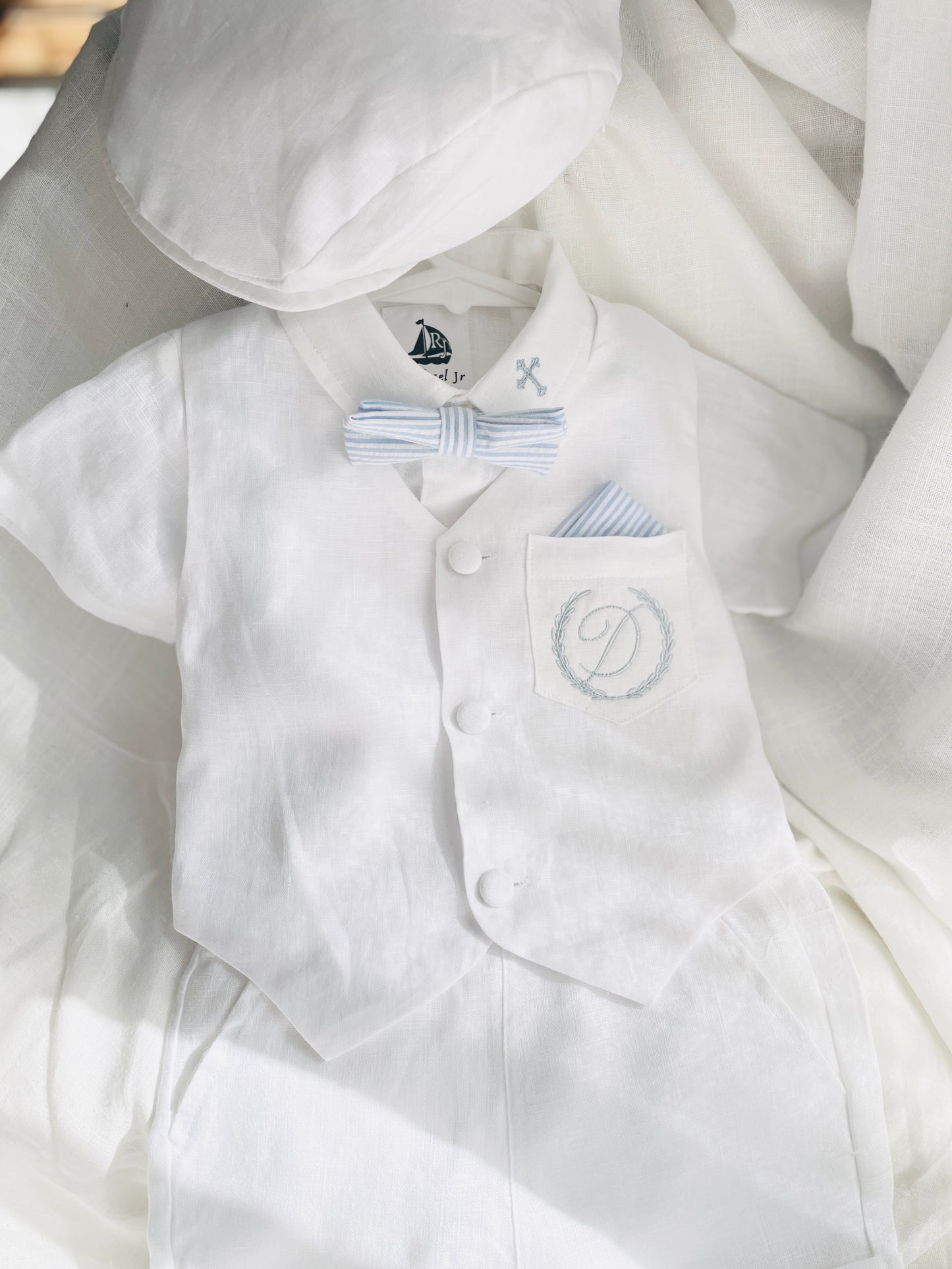 Baby and Toddler Boys white linen summer set with vest, shirt, shorts, suspenders and bowtie