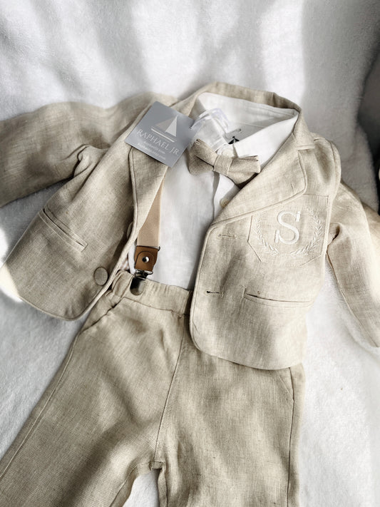 Baby and toddler boys beige linen full suit