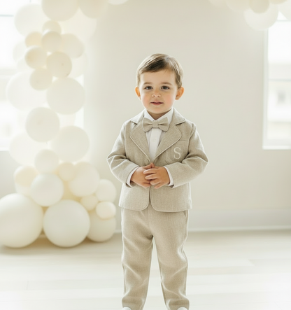 Beige linen baby and toddler boys formal baptism or wedding suit with accessories and optional personalisation