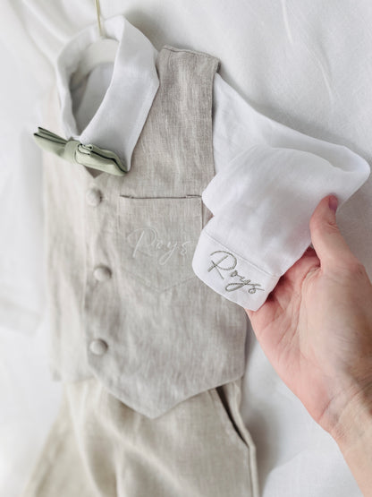 Beige Linen vest suit, shirt, pants, suspenders and bowtie plus optional jacket, cap and shoes