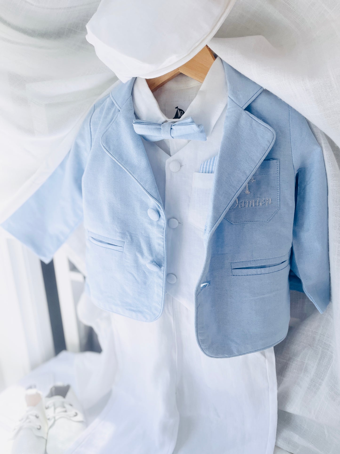 Baby and Toddler Boys white linen full length set with vest, shirt, pants, suspenders and bowtie plus optional blue blazer