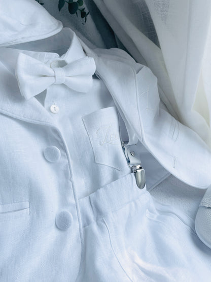 Boys White linen Baptism blazer jacket with optional embroidery