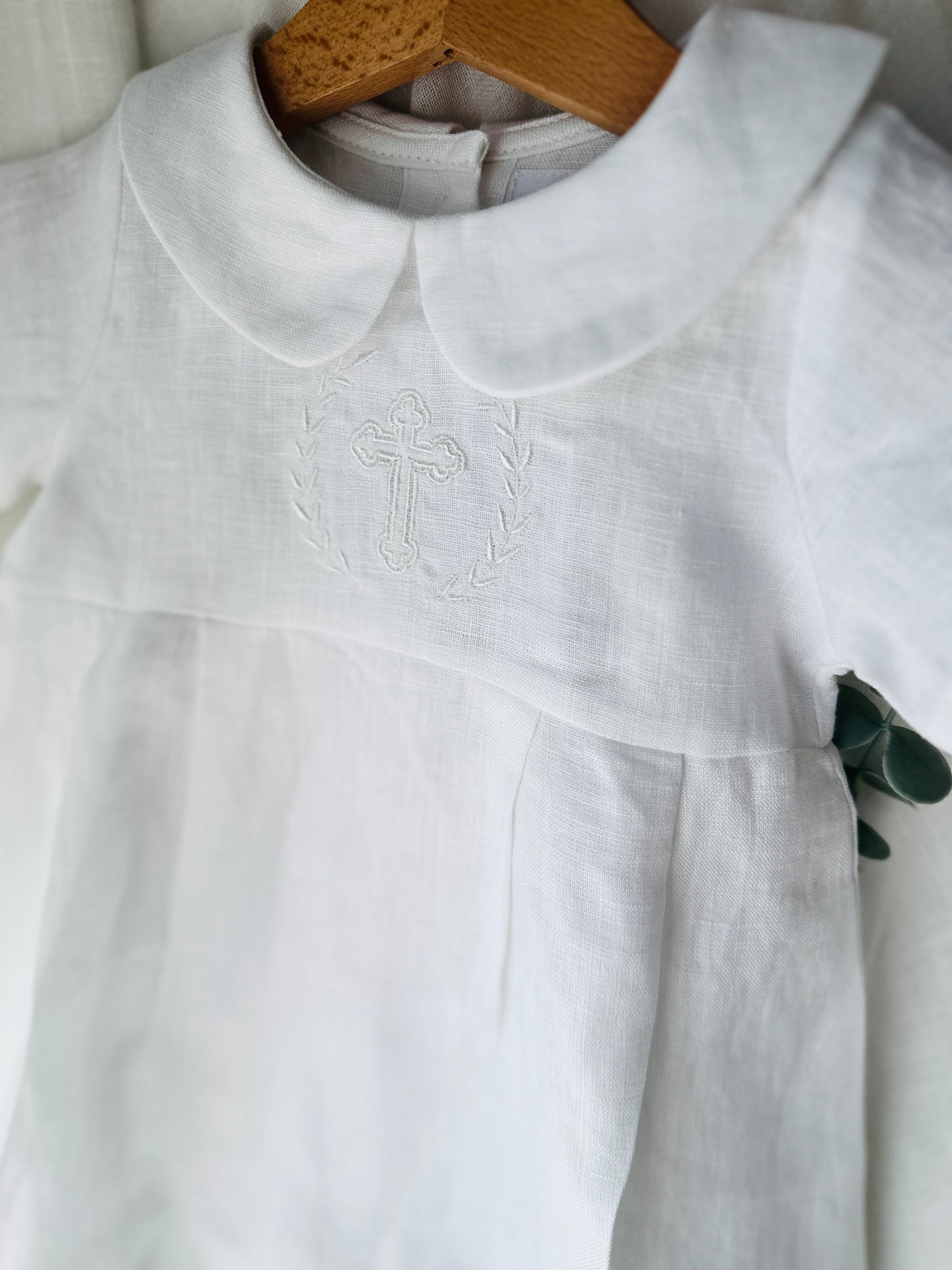 Linen Baptism 3/4 length jumpsuit with optional cardigan and embroidery